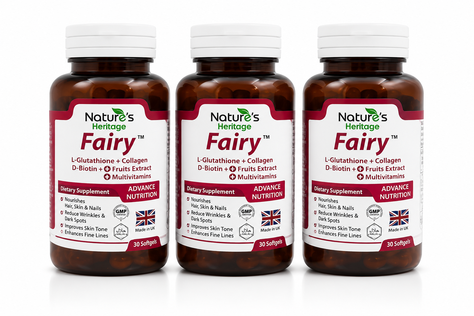 Fairy L-Glutathione D-Biotin Collagen Pack of 3 Bottles 90 Softgels by Nature's Heritage
